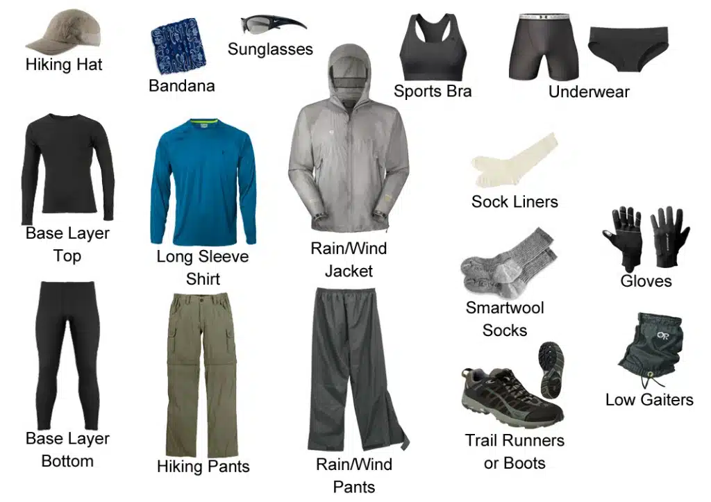 Collection of outdoor clothing and gear including hats, jackets, pants, and footwear.