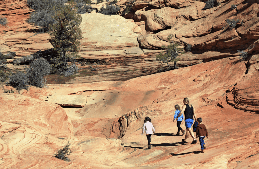 A woman and three children hike through colorful rock formations in a desert landscape.