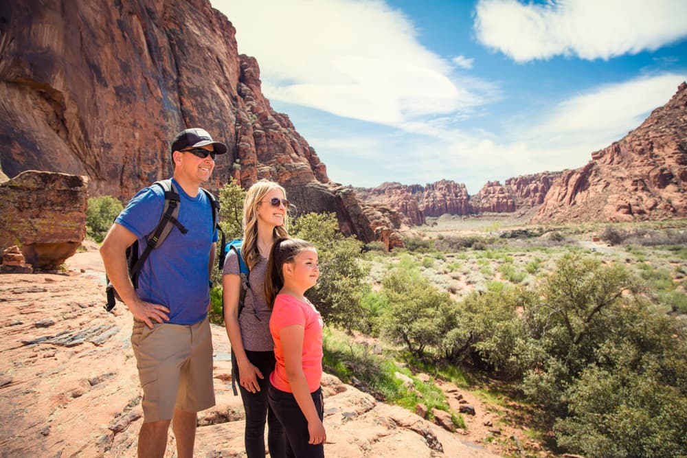 A family enjoys a scenic view of cliffs and a valley during a hike.