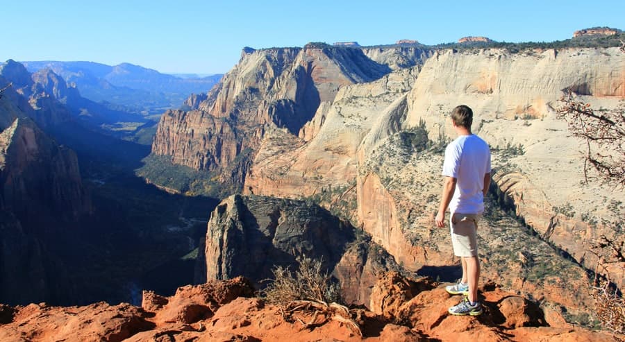 A person stands on the edge of a rocky cliff, looking out over a vast canyon landscape.