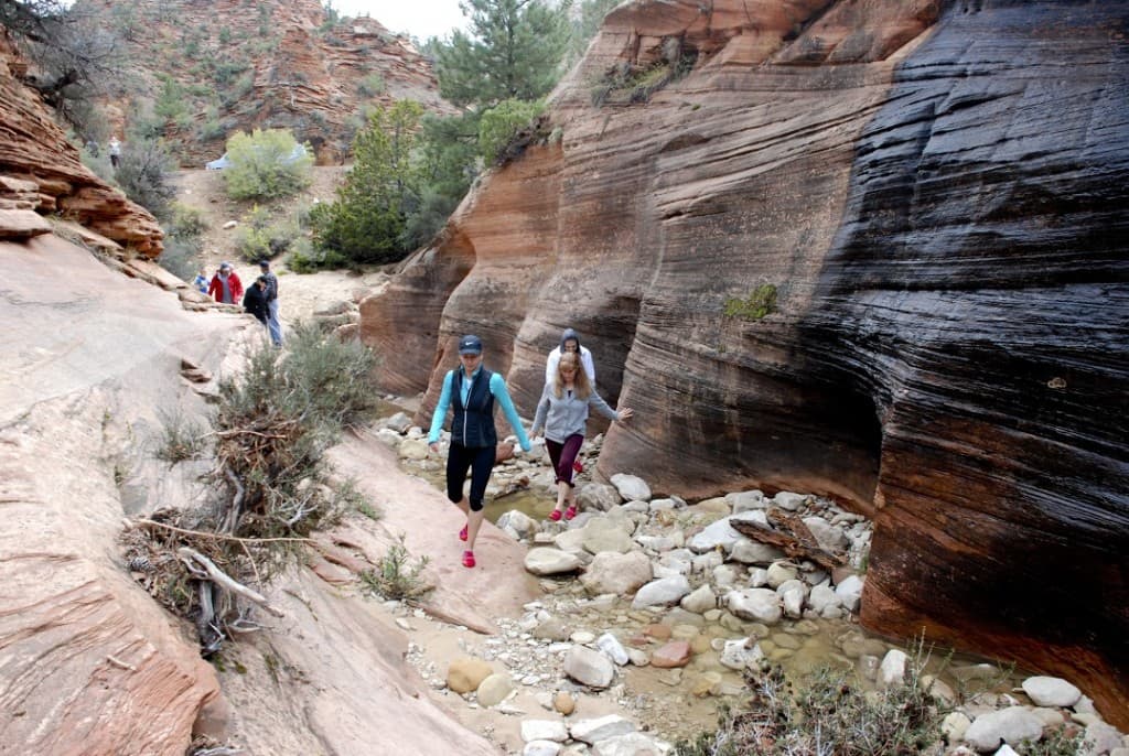 Hikers navigate a rocky trail lined with colorful canyon walls.