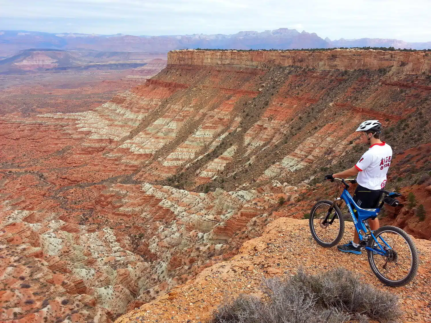 A mountain biker stands at the edge of a colorful canyon, overlooking the expansive landscape.