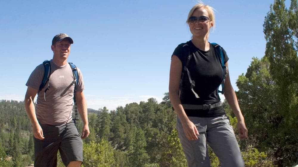 Two hikers walk along a trail with green trees and clear blue skies in the background.
