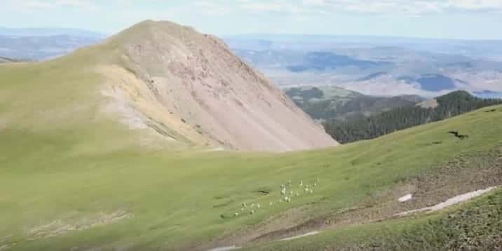 A panoramic view of a mountainous landscape with a grassy slope and distant hills.