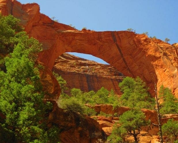 A natural rock arch framed by green trees against a blue sky.