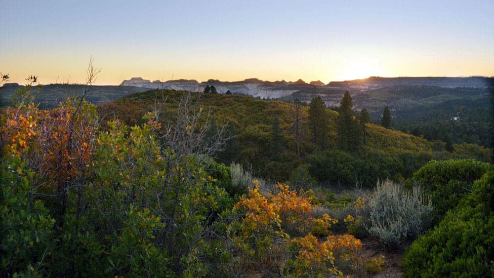 A panoramic view of rolling hills and trees illuminated by a sunrise.