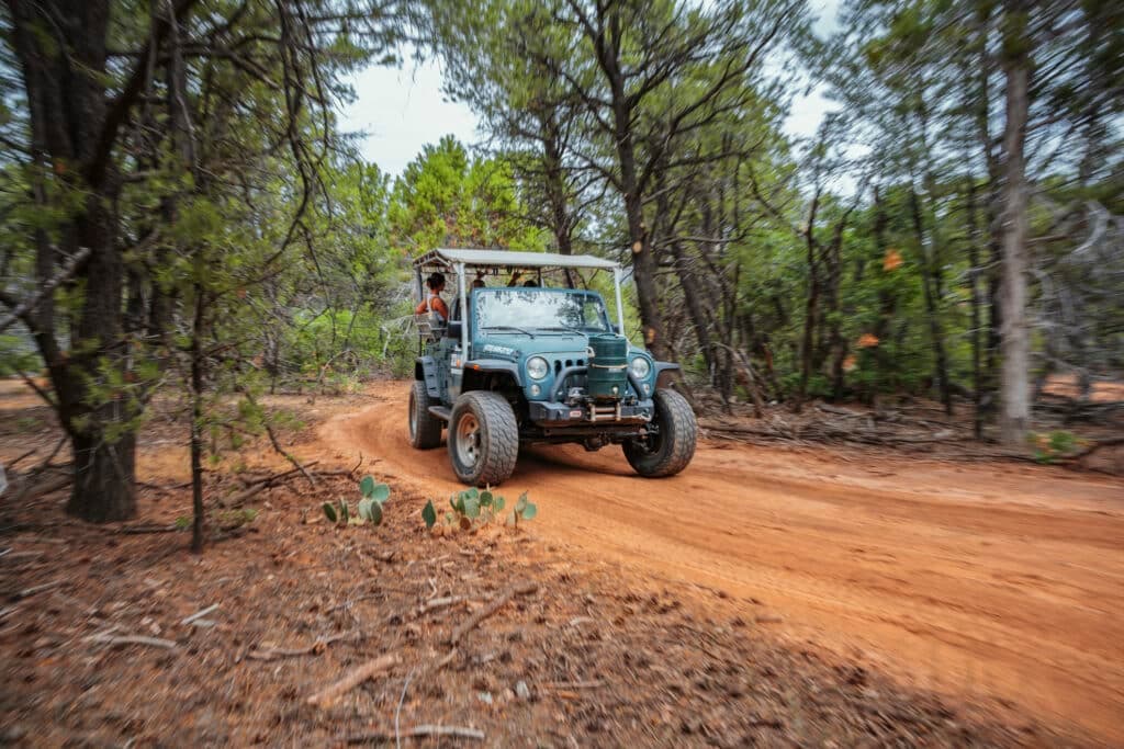 A blue off-road vehicle navigates a dirt path through a forested area.