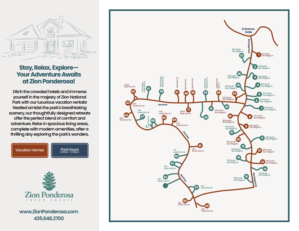 Map of Zion Ponderosa Ranch Resort highlighting various amenities and vacation rental locations.