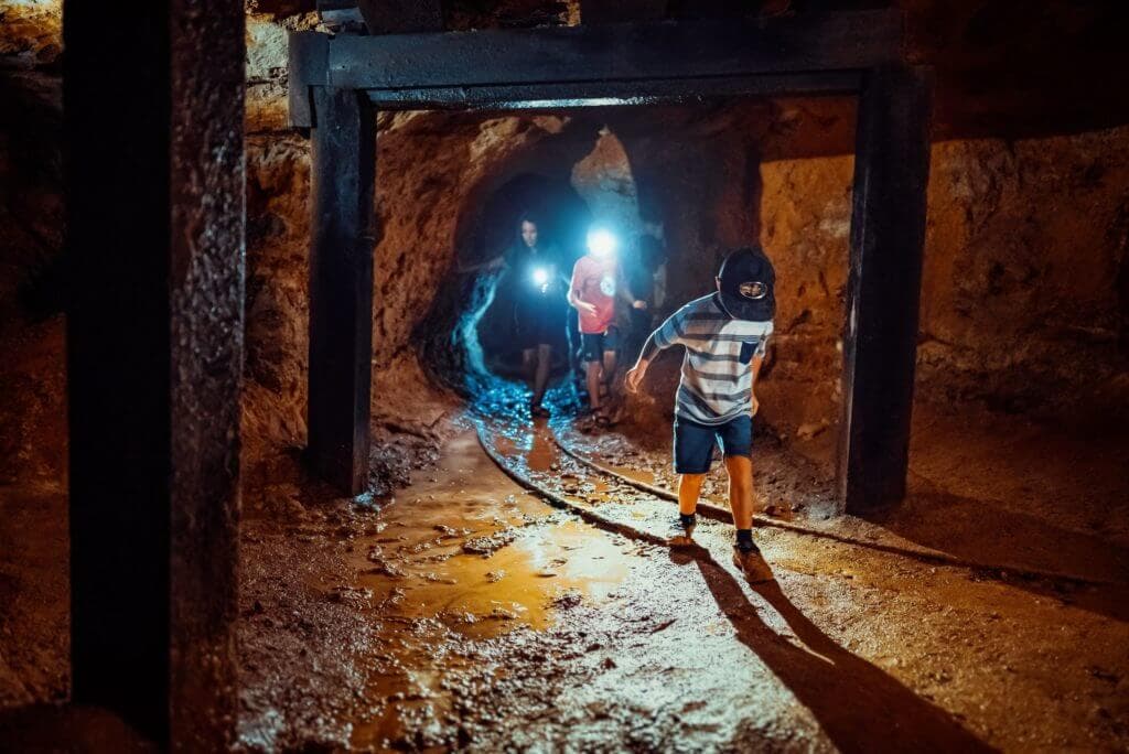 Children exploring a dimly lit underground tunnel with flashlights.