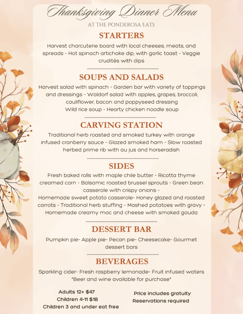 Thanksgiving dinner menu featuring starters, soups, salads, a carving station, sides, desserts, and beverages.