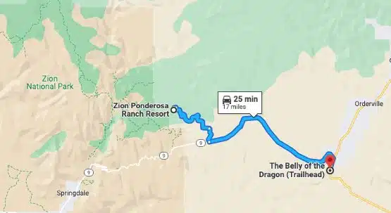 Map showing the route from Zion Ponderosa Ranch Resort to the Belly of the Dragon Trailhead, taking approximately 25 minutes over 17 miles.