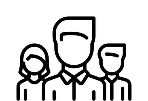 Three simplified, outlined figures representing people, standing close together.