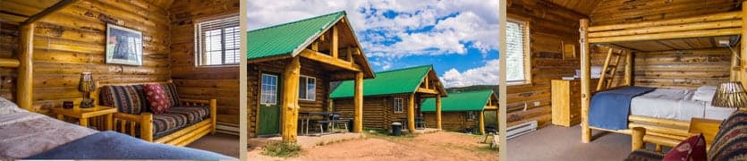 A collage showcasing cozy wooden cabins, including interior and exterior views.
