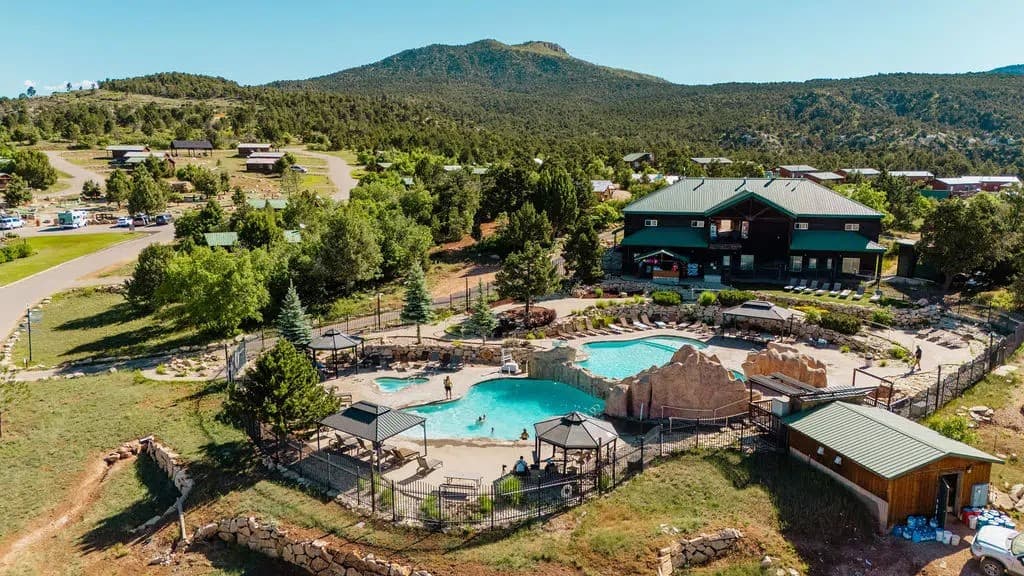 An aerial view of the pool at Zion Ponderosa