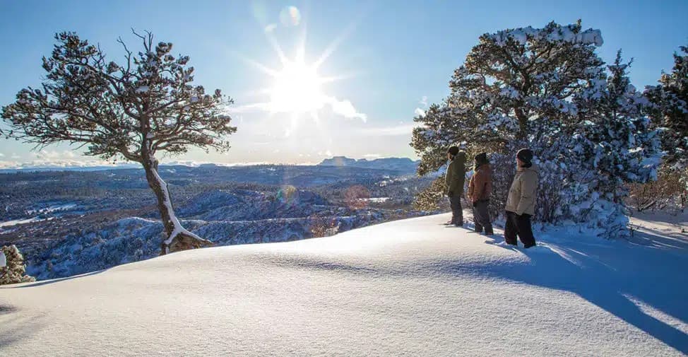 Three people stand on a snowy hillside overlooking a winter landscape with trees and distant mountains.