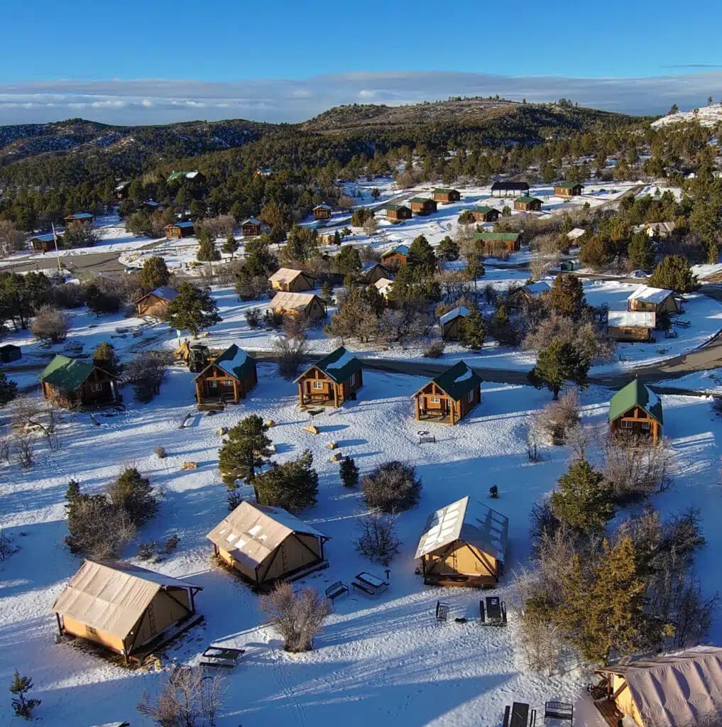 Aerial view of Zion Ponderosa covered in snow