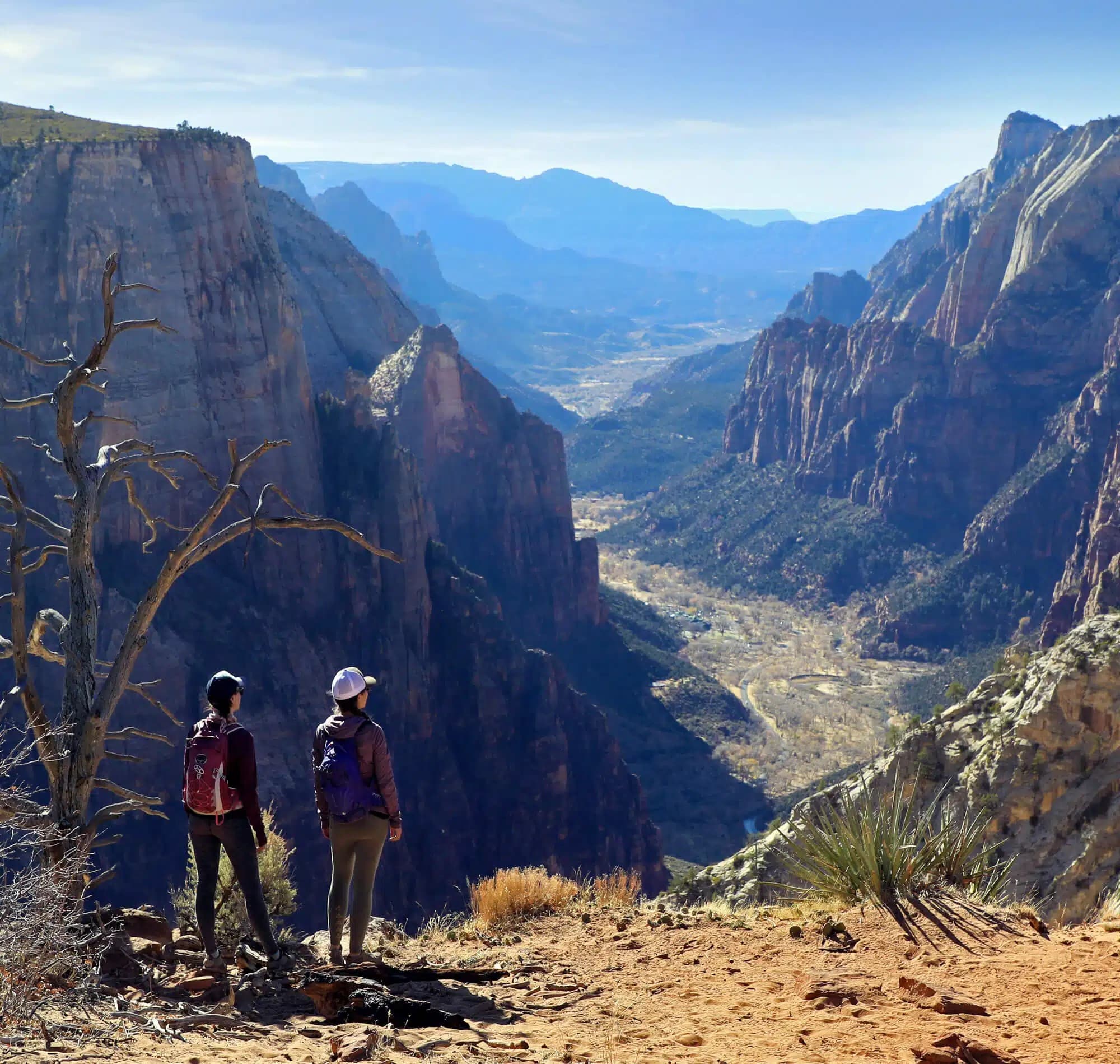 Two hikers stand at the edge of a canyon, overlooking a vast landscape of mountains and valleys.