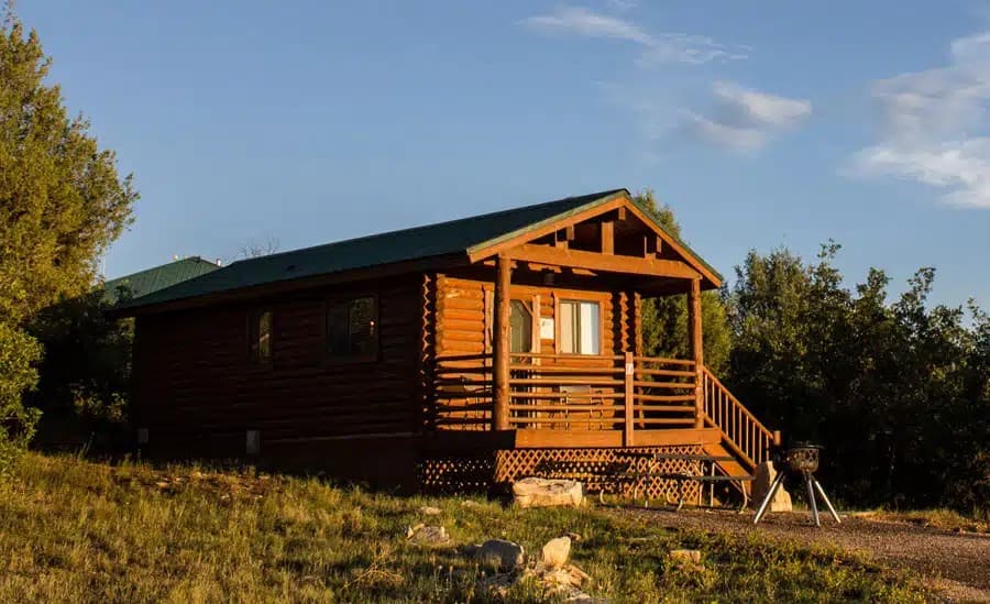 Log cabin with a green metal roof surrounded by trees.
