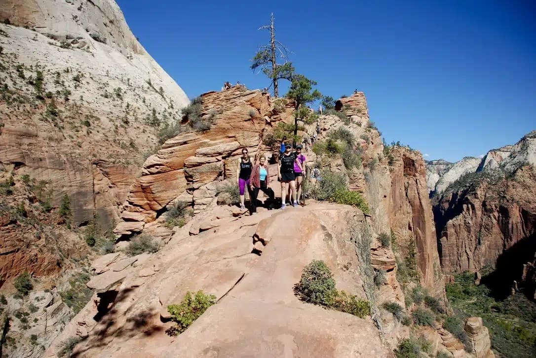 Hikers on a narrow path along a rocky cliff in a canyon.