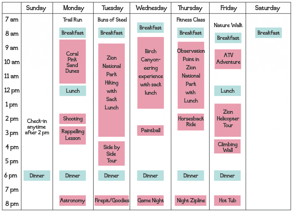 Women's Adventure Retreat Schedule