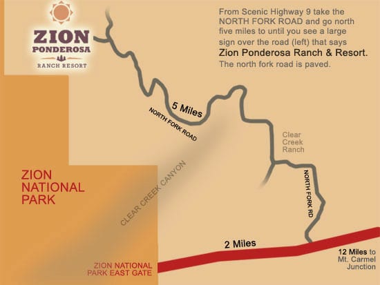 Map from Zion Ponderosa to Zion National Park