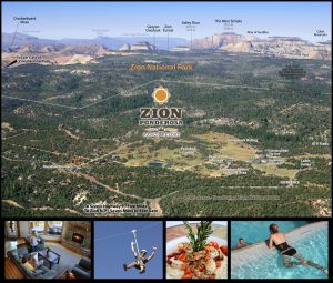 activity map overlooking Zion Ponderosa Ranch Resort with zip lining, food, lodging, swimming