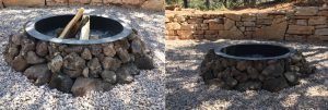 a rock fire pit surrounded by pebbles and a rock wall at a vacation home near zion national park