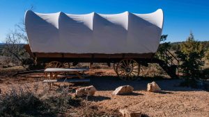 The outside view of one of the conestoga wagons at Zion ponderosa ranch