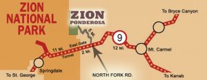 An infographic map shows how to get to Zion Ponderosa Ranch via North Fork Rd
