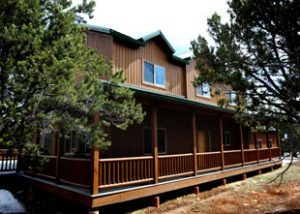 A wooden rental lodge with a wrap around deck has two pine trees on the outside