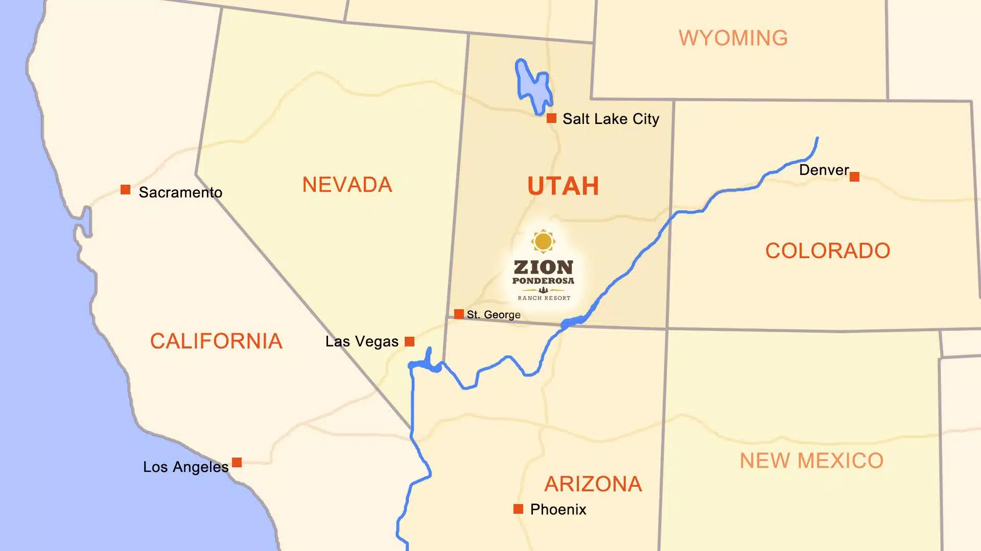Map of the Western United States. Zion Ponderosa Ranch Resort Location