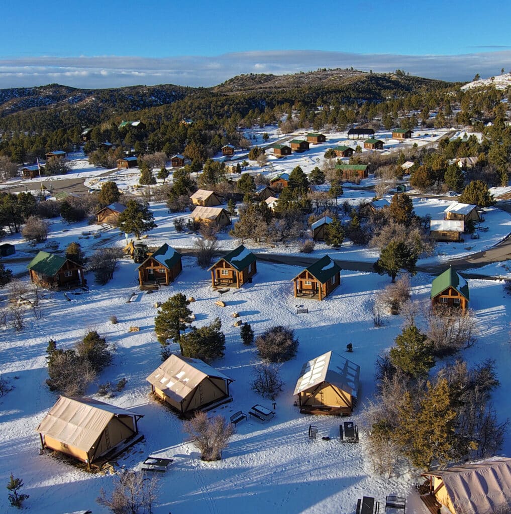 Aerial view of Zion Ponderosa covered in snow