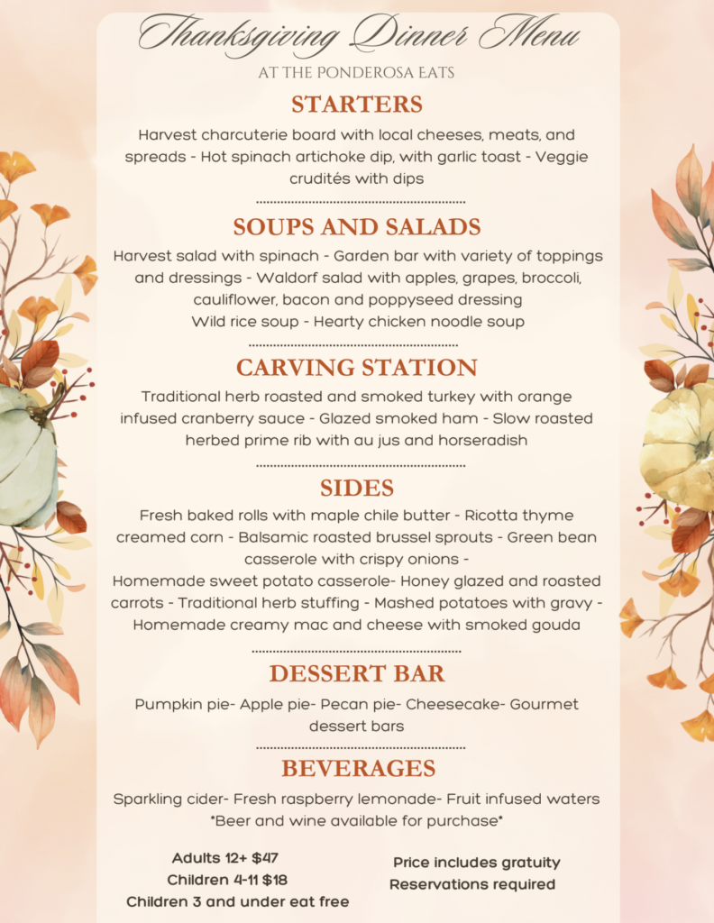 Thanksgiving dinner menu for Zion Ponderosa